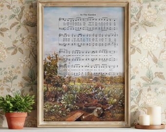 In The Garden Hymn Score | Vintage Christian Giclée Wall Art, Landscape Sheet Music Hymn Art, Antique Gardener Oil Painting, Hymn Wall Decor
