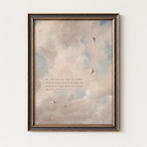 Salmo 91:4: Pájaros en vuelo, arte mural con versículo bíblico / Arte mural cristiano vintage, acogedoras impresiones bíblicas para estudiar nubes otoñales