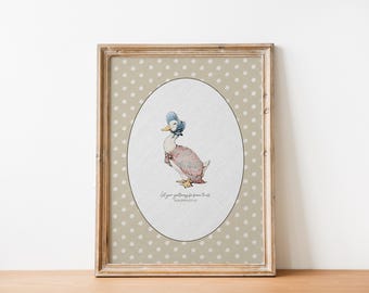 May include: Framed print featuring a watercolor illustration of a duck wearing a bonnet and dress. The duck is inside an oval frame, set against a beige background with white polka dots. The text at the bottom reads "(Let your gentleness be known to all.)"