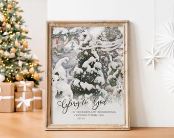 Glory to God in the Highest | Luke 2:14 Vintage Christian Wall Art, Winter Christmas Tree, Christmas Print