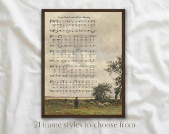 Framed Come Thou Fount of Every Blessing Hymn Score | Christian Vintage Giclée Wall Art, Pastoral Landscape Sheet Music, Old Hymn Painting