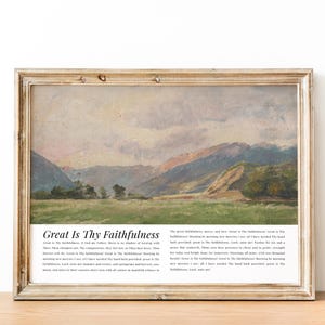 Great Is Thy Faithfulness Large Hymn Art | Mountain Landscape Christian Vintage Wall Art, Religious Oil Painting, Hymn Wall Decor Faith Gift