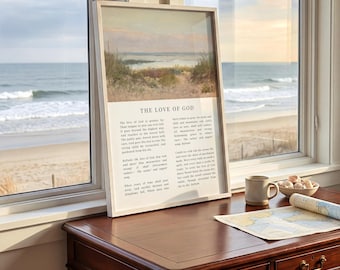 Arte de parede com o hino "O Amor de Deus" | Impressão cristã vintage com tema costeiro, pintura de praia, decoração de parede com hino antigo, presente cristão