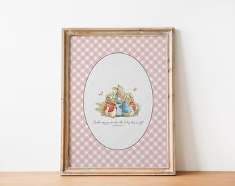 Children Obey Your Parents | Vintage Christian Wall Art, Grandmillennial Pink Peter Rabbit Nursery Decor, Ephesians 6:1 Beatrix Potter Print
