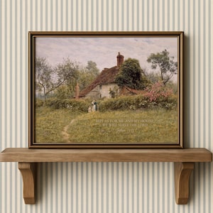 En cuanto a mí y mi casa, serviremos al Señor / Arte mural cristiano vintage, Josué 24:15, impresión de cabaña inglesa, pintura antigua, versículo bíblico