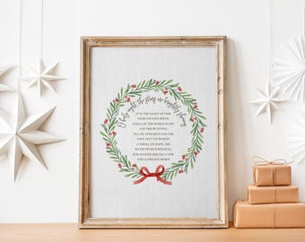 O Holy Night | Christmas Wreath Illustrated Print, Christian Hymn Wall Art, Winter Botanical Print, Christmas Music Print, Old Hymn Decor