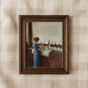 Christliche Wandkunst im Vintage-Stil für die Hausfrau | Ölgemälde mit Bibelvers aus Sprüche 31, Kunstdruck mit Bibelvers „Frau Gottes“, Vintage-Porträt-Wandkunst