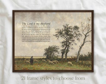 Framed Psalm 23 | Christian Vintage Giclée Wall Art, Pastoral Landscape The Lord Is My Shepherd, Bible Verse Painting