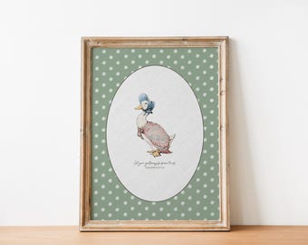 May include: Framed art print featuring a watercolor illustration of a duck wearing a bonnet and a dress. The duck is centered in an oval against a green background with white floral accents. The text "Let your gentleness be known to all" is below the duck.