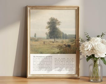 The Preeminence of Christ | Vintage Christian Wall Art, Colossians 1:15-20 Muted Pastoral Landscape Print, Antique Painting Bible Passage
