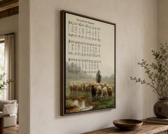 Canvas The Lord's My Shepherd Hymn Score | Christian Vintage Framed Wall Art, Pastoral Landscape Sheet Music, Old Hymn Painting