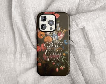 Come What May Christian Art iPhone Case | Vintage Moody Botanical Florals Painting Phone Case, Christian Quotes Phone Case, Scripture Art