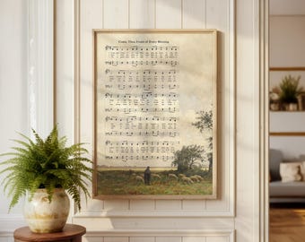 Come Thou Fount Hymn Score | Christian Vintage Giclée Wall Art, Pastoral Landscape Sheet Music, Old Hymn Oil Painting