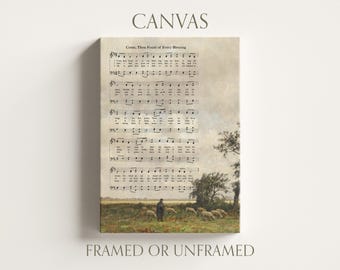 Canvas Come Thou Fount of Every Blessing Hymn Score | Christian Vintage Framed Wall Art, Pastoral Landscape Sheet Music, Old Hymn Painting