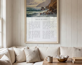 Arte de parede com o hino "Rocha Eterna" | Impressão cristã vintage com tema costeiro, pintura de praia, rochas quebrando, presentes para cristãos