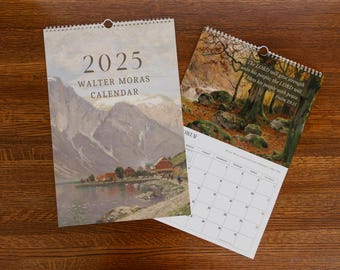 2025 Walter Moras Vintage Landschaft Gemälde Kalender | 12-monatiger hängender spiralförmig gebundener Wandkalender, christlicher Bibel-Vers-Wand-Kunstdruck
