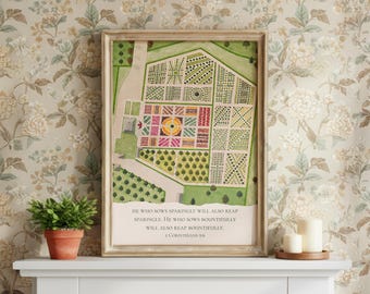 Antique Estate Garden Christian Wall Art | 2 Corinthians 9:6 Scripture Print | Vintage Botanical Illustration