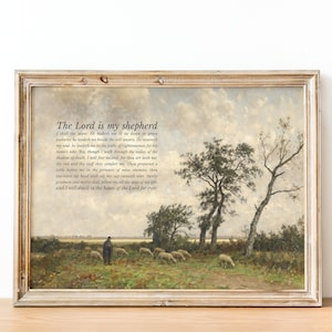 Psalm 23 Christian Vintage Wall Art | Bible Verse Oil Painting | The Lord Is My Shepherd Print | Landscape Scripture Decor | Faith Gift