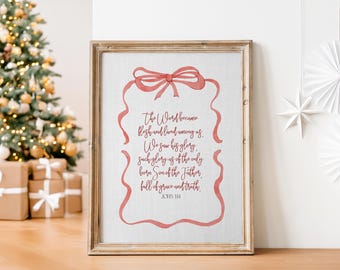 The Word Became Flesh | John 1:14 Christmas Wall Art, Vintage Bow Illustrated Print, Winter Home Decor