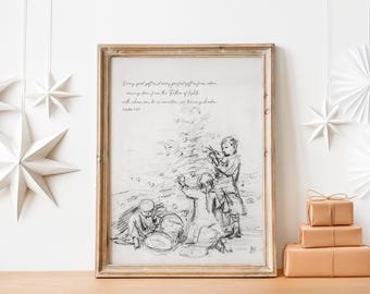 Decorating the Tree | Vintage Christmas Sketch Prints, Christian Illustration Wall Art, James 1:17, Every Good Gift