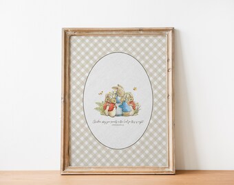 May include: A framed print featuring a watercolor illustration of rabbits in a field. The artwork is set within an oval frame, surrounded by a beige and white checkered pattern. The text "Children, obey your parents in the Lord, for this is right" is written below the illustration.