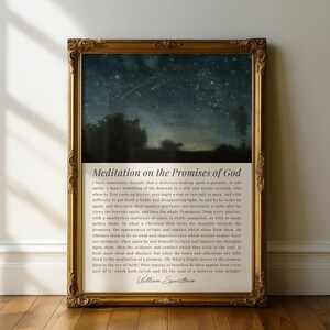 Meditation on the Promises of God | Vintage Christian Wall Art, William Spurlowe Quote Print, Vintage Starry Night Sky Painting