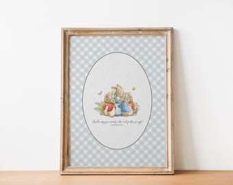 May include: Framed print featuring a watercolor illustration of rabbits in a field. The artwork is set within an oval frame against a light blue gingham background. The frame is a light brown color. Text at the bottom reads, "Children, obey your parents in the Lord, for this is right."