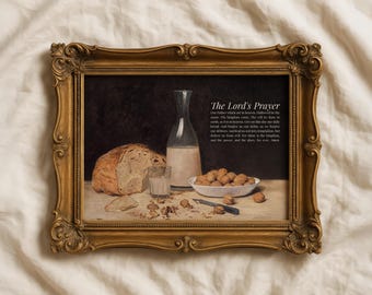 The Lord's Prayer | Vintage Christian Wall Art, Daily Bread Still Life Print, Antique Painting Bible Verse