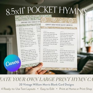 May include: Two 8.5x11 inch pocket hymn cards with floral borders are held in front of a blurred background. The cards feature hymn lyrics and the text "8.5x11" POCKET HYMNS". The Canva logo is visible.