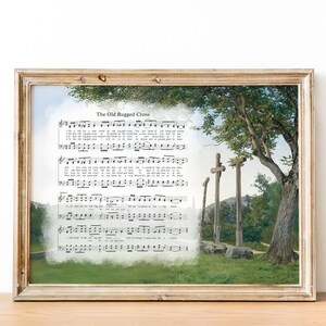 The Old Rugged Cross Hymn Score | Christian Vintage Wall Art, Cross Landscape Sheet Music, Religious Oil Painting, Old Hymn Wall Decor