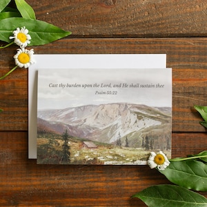 Cast Thy Burden Scripture Vintage Notecard | Psalm 55:22 | Bible Verse Greeting Card | Blank Folded Christian Note Cards | Mountain Card
