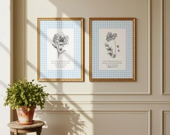 Set of Two Matching Scripture Prints | Matthew 12:36-37, Blue Gingham Cottagecore Decor, Vintage Christian Wall Art