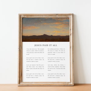 Jesus Paid It All Hymn | Christian Vintage Sunset Landscape Wall Art, Religious Oil Painting, Old Hymn Wall Decor, Faith Gift, Hymn Wall Art