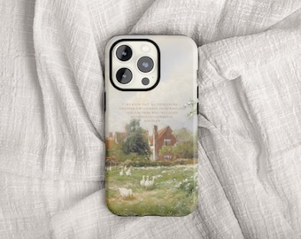 Romans 8:28 Christian Art iPhone Case | English Countryside Cottage with Ducks Vintage Painting Phone Case, Bible Verse Scripture Art Gift