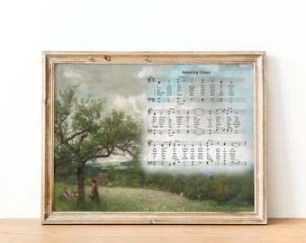 Amazing Grace Hymn Partitur | Christliche Vintage Wandkunst, Pastorale Musiknotenlandschaft, religiöse Ölmalerei, alte Hymne-Wanddekor