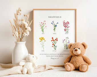 Think About Such Things | Vintage Christian Wall Art, Philippians 4:8 Wildflower Nursery Print, Mary Vaux Walcott Flowers, Botanical Artwork