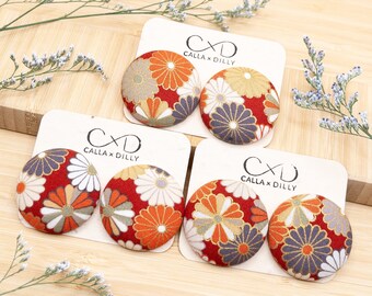 Kimono Fabric Stud Earrings, Handmade One of a Kind Jewellery for Any Occasion, Extra Large Size 6: 38mm Diameter, 70s Daisy Collection
