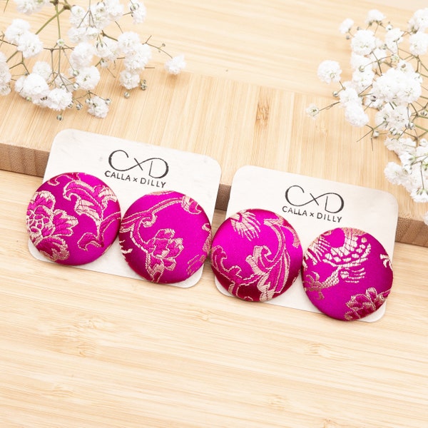 Kimono Fabric Stud Earrings, Handmade One of a Kind Jewellery for Any Occasion, Extra Large Size 6: 38mm Diameter, Silk Fuchsia Collection