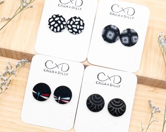 Kimono Fabric Stud Earrings, Handmade One of a Kind Jewellery for Any Occasion, Small Size 3: 18mm Diameter, Chat Noir Collection