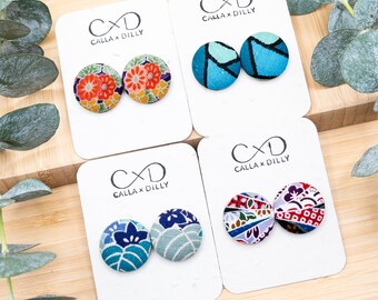 Kimono Fabric Stud Earrings, Handmade One of a Kind Jewellery for Any Occasion, Medium Size 4: 23mm Diameter, Coral Reef Collection