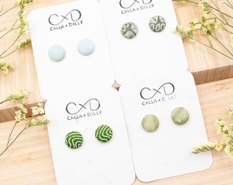 Kimono Fabric Stud Earrings, Handmade One of a Kind Jewellery for Any Occasion, Extra Small Size 1: 13mm Diameter, Salt and Lime Collection