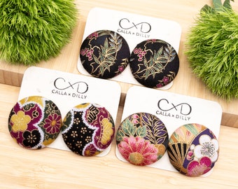 Kimono Fabric Stud Earrings, Handmade One of a Kind Jewellery for Any Occasion, Extra Large Size 6: 38mm Diameter, Gilded Onyx Collection