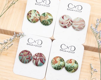 Kimono Fabric Stud Earrings, Handmade One of a Kind Jewellery for Any Occasion, Medium Size 4: 23mm Diameter, Precious Jade Collection