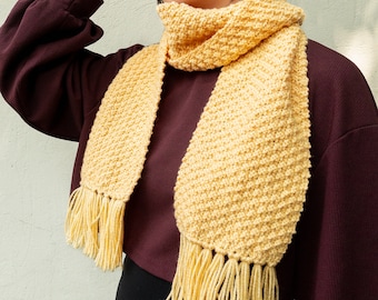 Cozy Handknit Lightweight Scarf for Winter or Fall, Light Yellow Scarf with Fringe and Moss Pattern