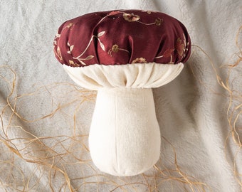 Mushroom Throw Pillow Cushion, Cottage Core Fantasy Toadstool, Charming Fall Forest Home Decor, Handmade Stuffed Plushie -Red Silk & Flowers