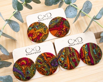 Kimono Fabric Stud Earrings, Handmade One of a Kind Jewellery for Any Occasion, Extra Large Size 6: 38mm Diameter, Funky Rainbow Collection