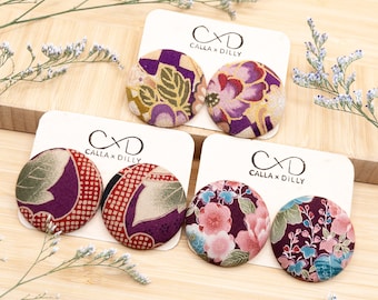 Kimono Fabric Stud Earrings, Handmade One of a Kind Jewellery for Any Occasion, Extra Large Size 6: 38mm Diameter, Royal Plum Collection