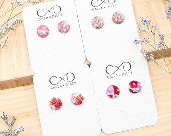 Kimono Fabric Stud Earrings, Handmade One of a Kind Jewellery for Any Occasion, Extra Small Size 1: 13mm Diameter, Pink Grapefruit Collect