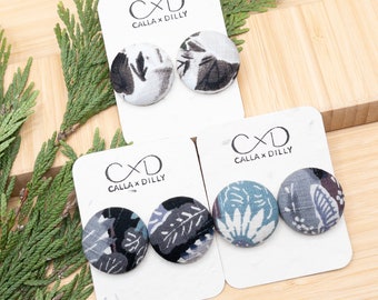 Kimono Fabric Stud Earrings, Handmade One of a Kind Jewellery for Any Occasion, Large Size 5: 29mm Diameter, Ink Spell Collection