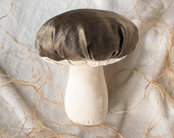 Mushroom Throw Pillow Cushion, Cottage Core Fantasy Toadstool, Charming Fall Forest Home Decor, Handmade Stuffed Plushie-Green Shimmery Silk